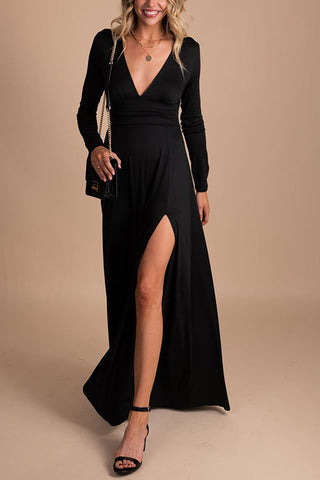 V Neck Long Sleece Slit Maxi Dress