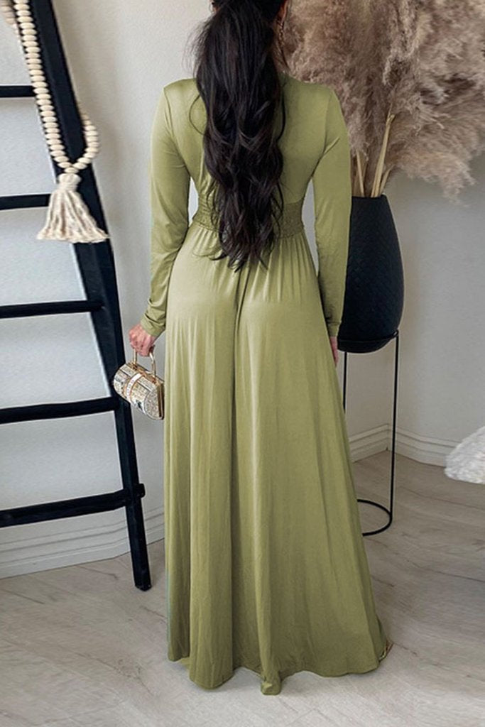 V Neck Long Sleece Slit Maxi Dress