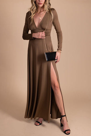 V Neck Long Sleece Slit Maxi Dress