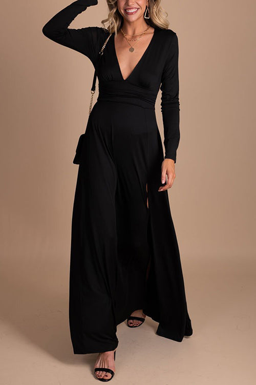 V Neck Long Sleece Slit Maxi Dress