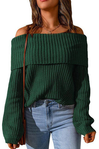 Dark Green Off Shoulder Knitted Sweater