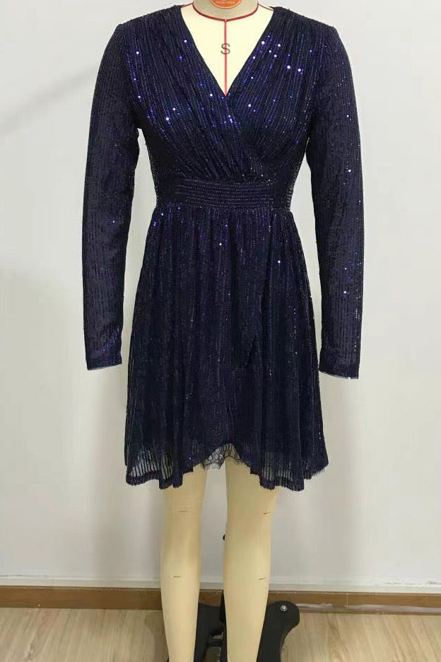 Dark Navy Long Sleeve V-Neck Party Dress