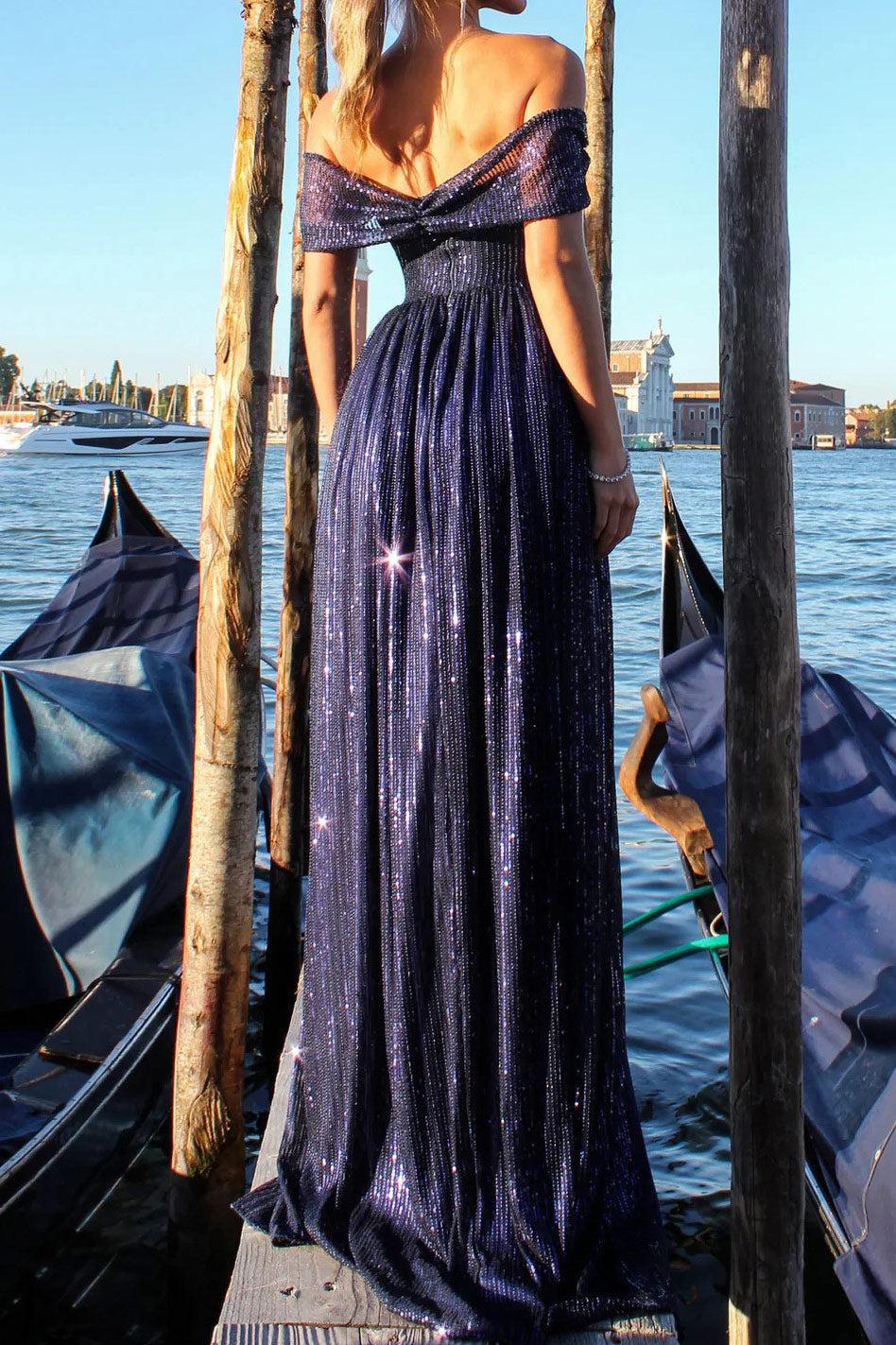 Dark Navy Off Shoulder High Split Prom Gown Evening Dress