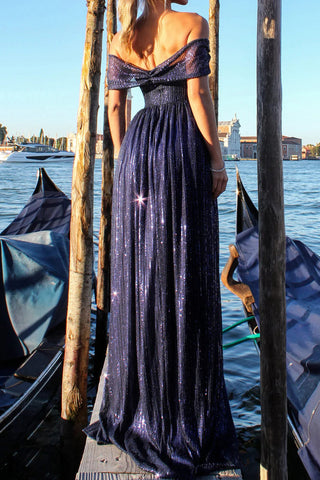 Dark Navy Off Shoulder High Split Prom Gown Evening Dress