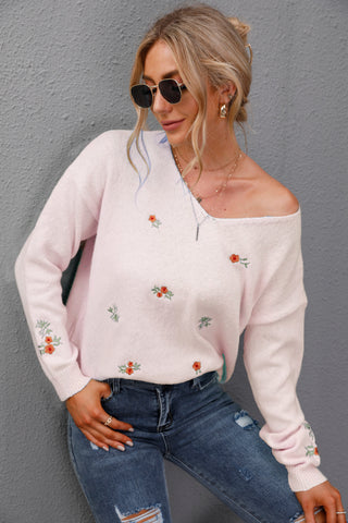 V-Neck Embroidered Plus Size Flower Sweater