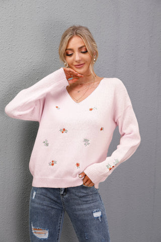 V-Neck Embroidered Plus Size Flower Sweater