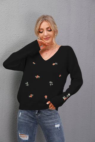 V-Neck Embroidered Plus Size Flower Sweater