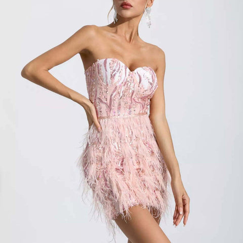 Dainty Doll Sequin Feather Fringe Mini Dress