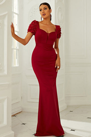 Floor Length Red Short Sleeve Prom Gown Evening Dress