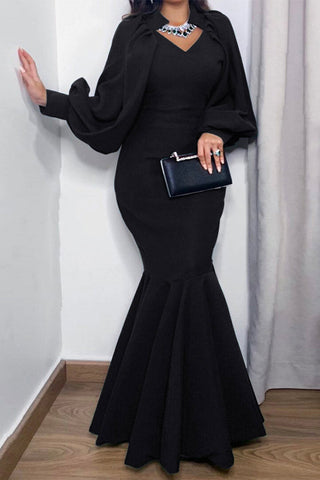 Full Length Black Mermaid Long Sleeve Formal Evening Dress