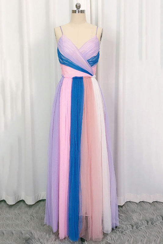 Gorgeous Color Block Spaghetti Straps Prom Dress Evening Gown