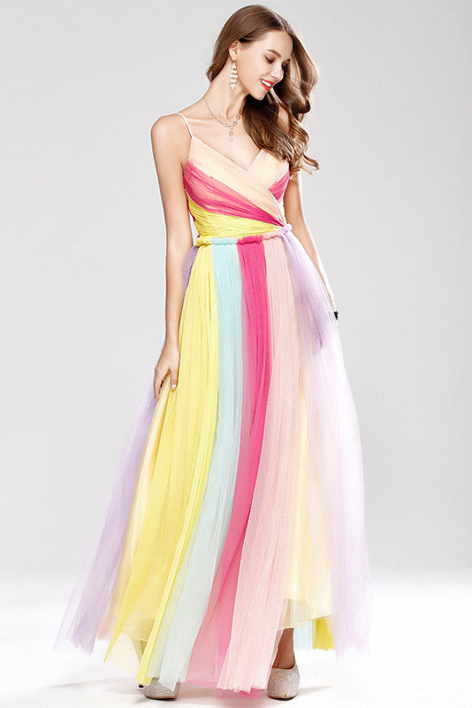 Gorgeous Color Block Spaghetti Straps Prom Dress Evening Gown