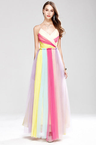 Gorgeous Color Block Spaghetti Straps Prom Dress Evening Gown