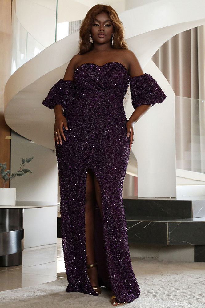 Grape Sequins Off Shoulder Formal Gown Evening Dress