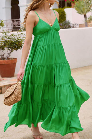 Green A-Line Spaghetti Strap Backless Maxi Dresses