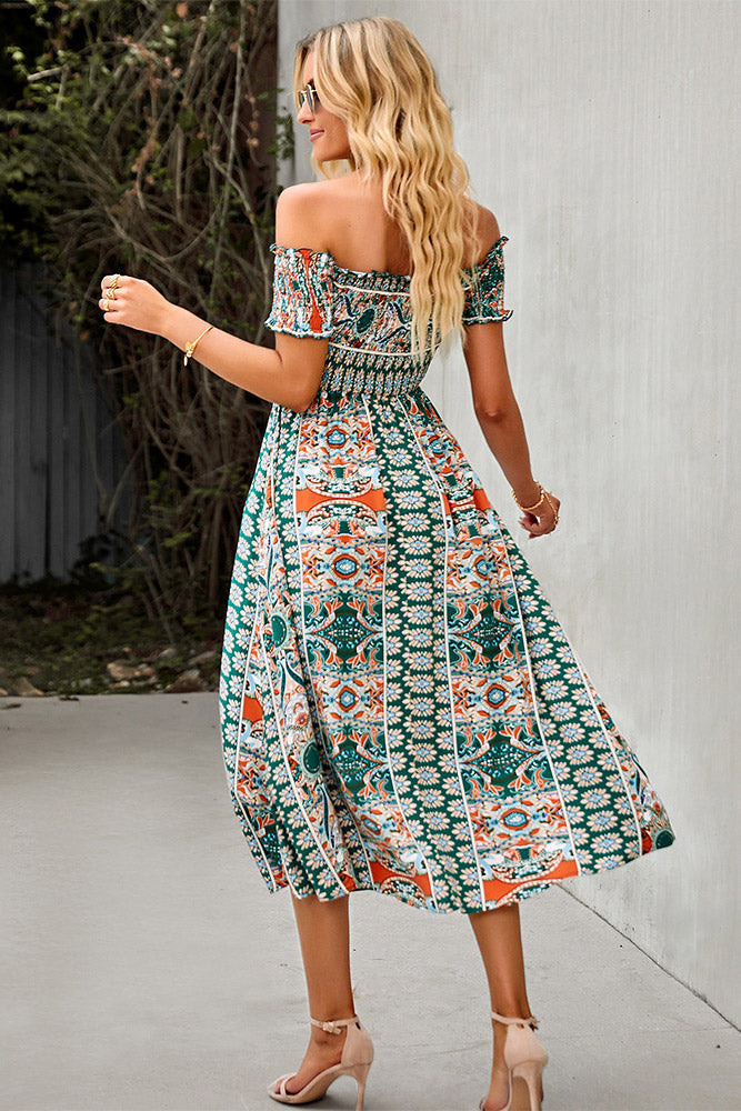 Green Print Boho Off Shoulder Midi Dress