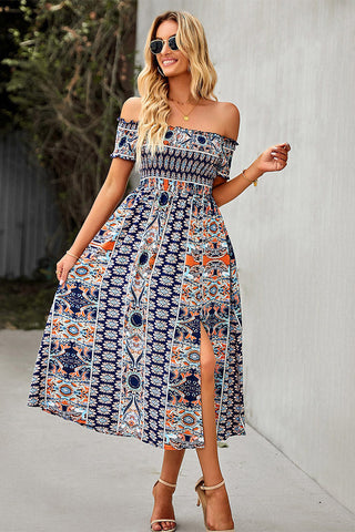 Green Print Boho Off Shoulder Midi Dress