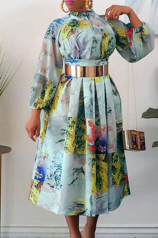 Green Print Long Sleeve A-Line Dress