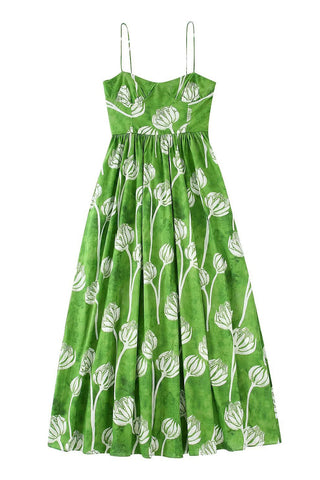 Green Spaghetti Straps Print Maxi Dresses