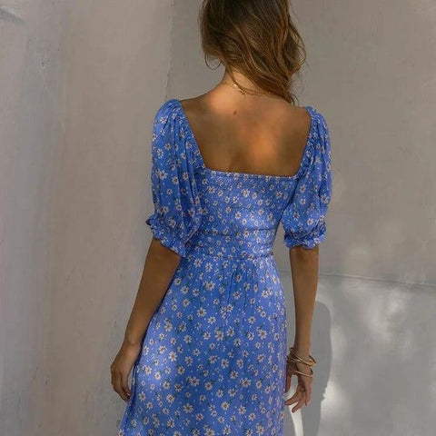 Moon Puff Short Sleeve Floral Print Midi Dress