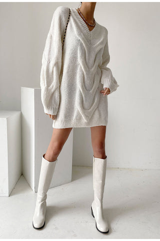 V-neck Lantern Sleeves Knitted Dress