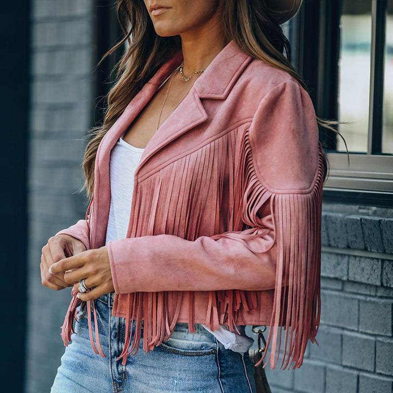 Vintage Lapel Long Sleeve Fringe Cropped Hippie Jacket