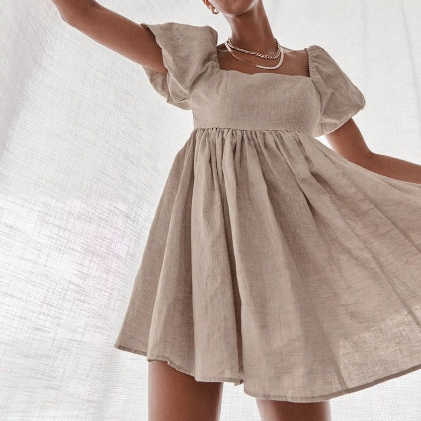 Tampa Puff Sleeve High Waist Linen Mini Dress