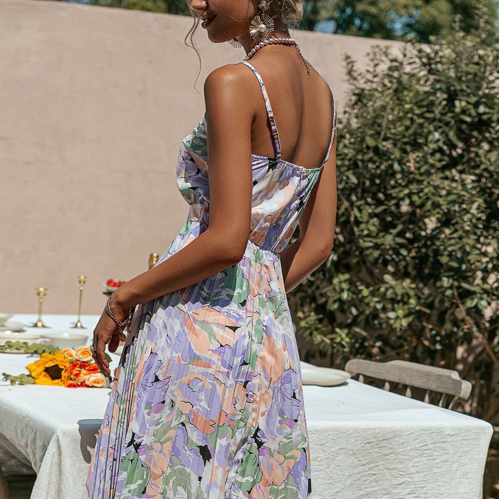 Lavender Floral Print Ruffle Midi Dress