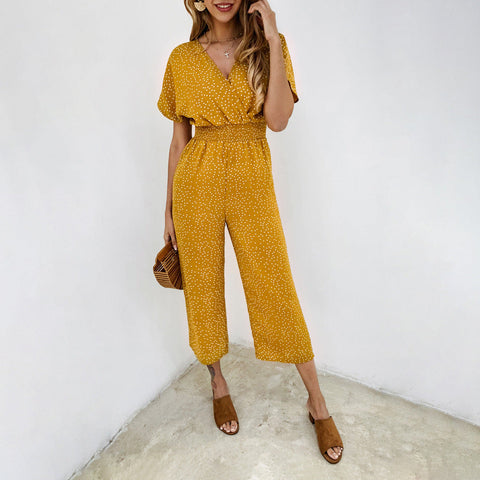 V Neck Wide Leg Polka Dot Jumpsuit