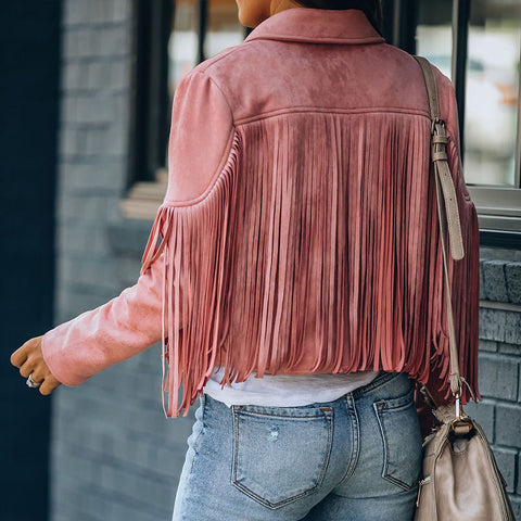 Vintage Lapel Long Sleeve Fringe Cropped Hippie Jacket