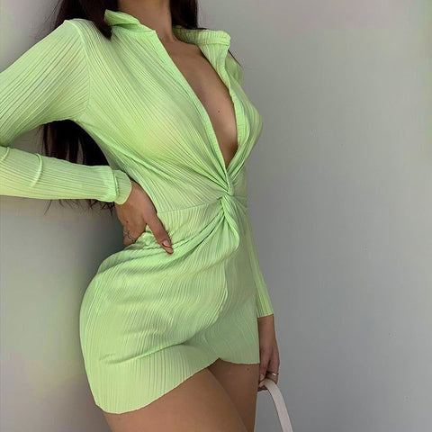 Palm Ribbed Deep V Twist Long Sleeves Mini Dress