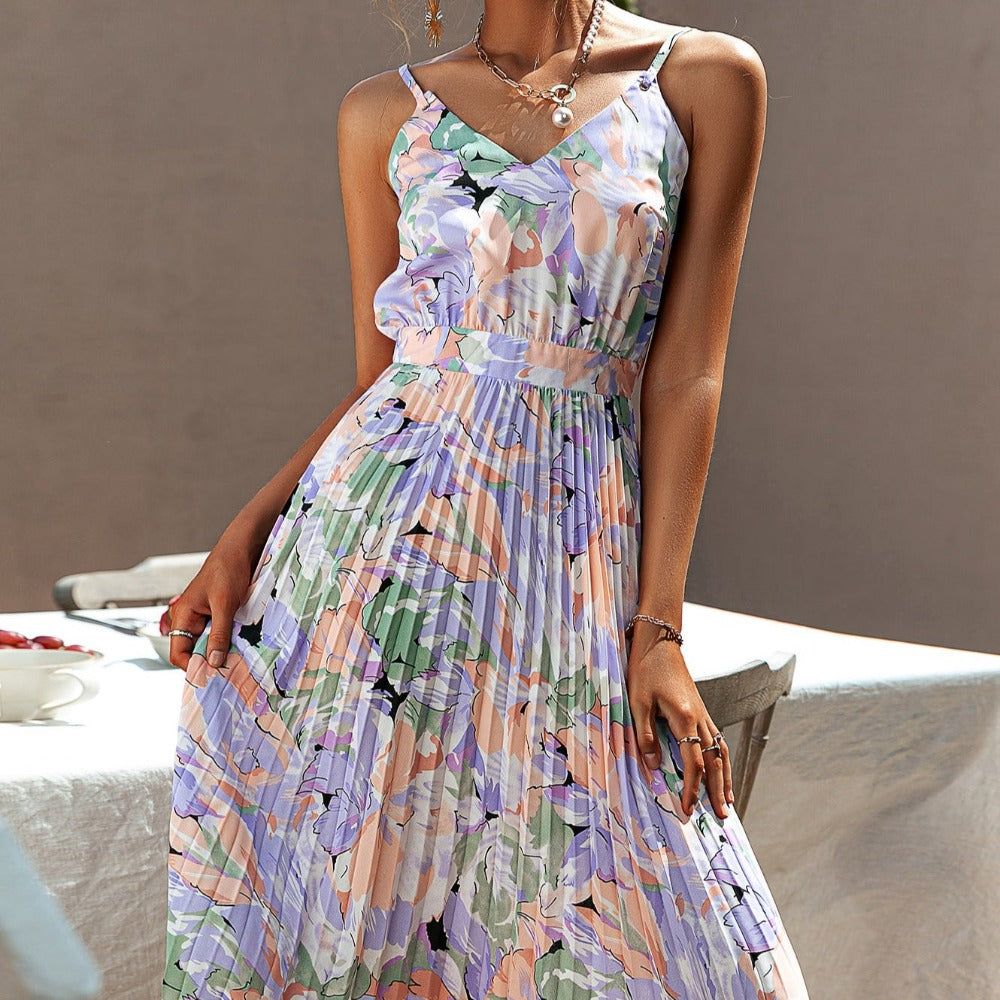 Lavender Floral Print Ruffle Midi Dress