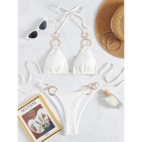 Heather Halter Ribbed Metal Rings Bikini