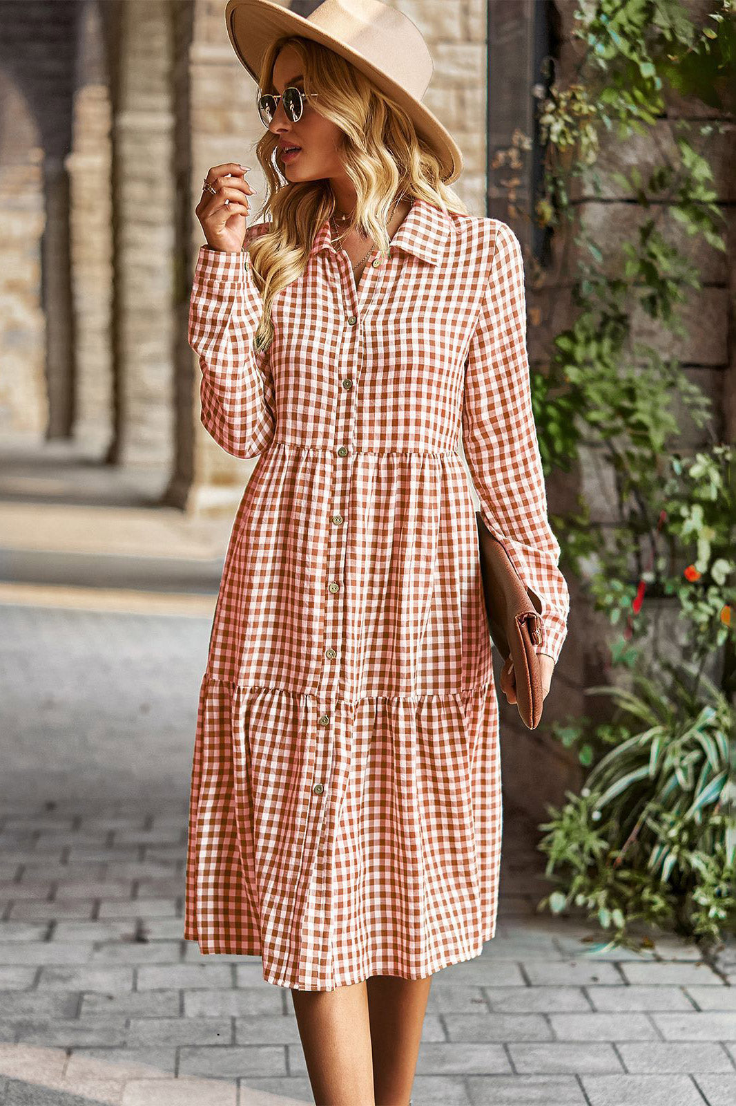 Knee Length Blue Plaid Long Sleeve Dress