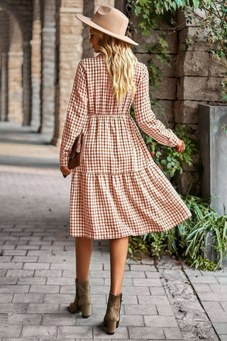 Knee Length Blue Plaid Long Sleeve Dress