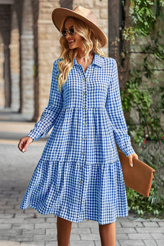 Knee Length Blue Plaid Long Sleeve Dress