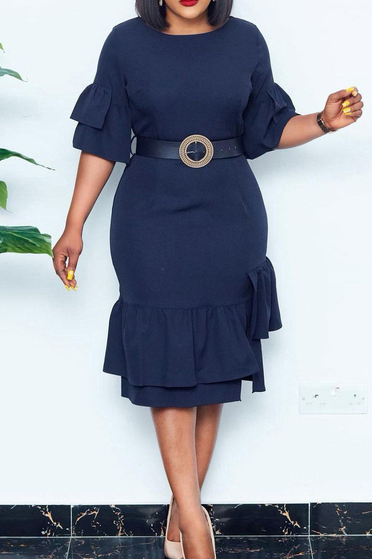 Knee Length Dark Navy Half Sleeves Dress