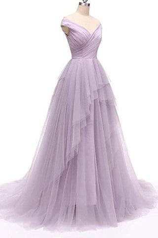 Lilac Tulle Backless A-Line Prom Gown Evening Dress