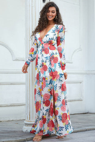 Long Sleeve Print Plunging High Slit Maxi Dress