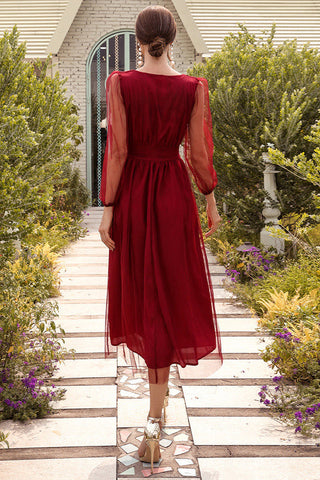 Midi Burgundy Long Sleeve V-Neck Party Dress