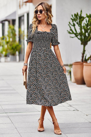 Midi Floral A-Line Square Neck Dresses