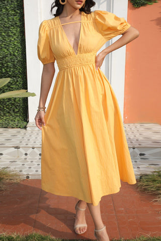 Midi Yellow Short Sleeves A-Line Dress