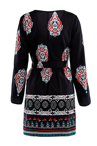 Mini Boho Black Print Long Sleeve Dress