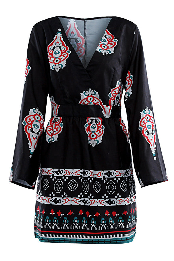 Mini Boho Black Print Long Sleeve Dress