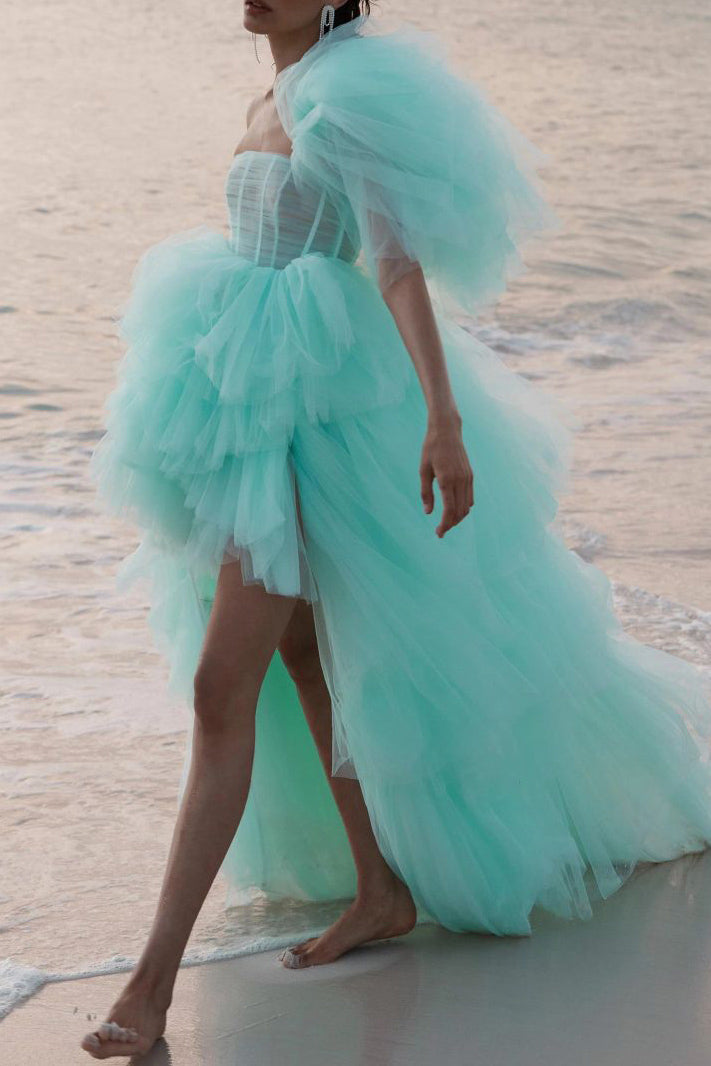 Mint One Shoulder Tulle High Low Prom Evening Dress