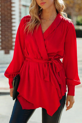 V-neck Lantern Sleeves laced High waist Shirt