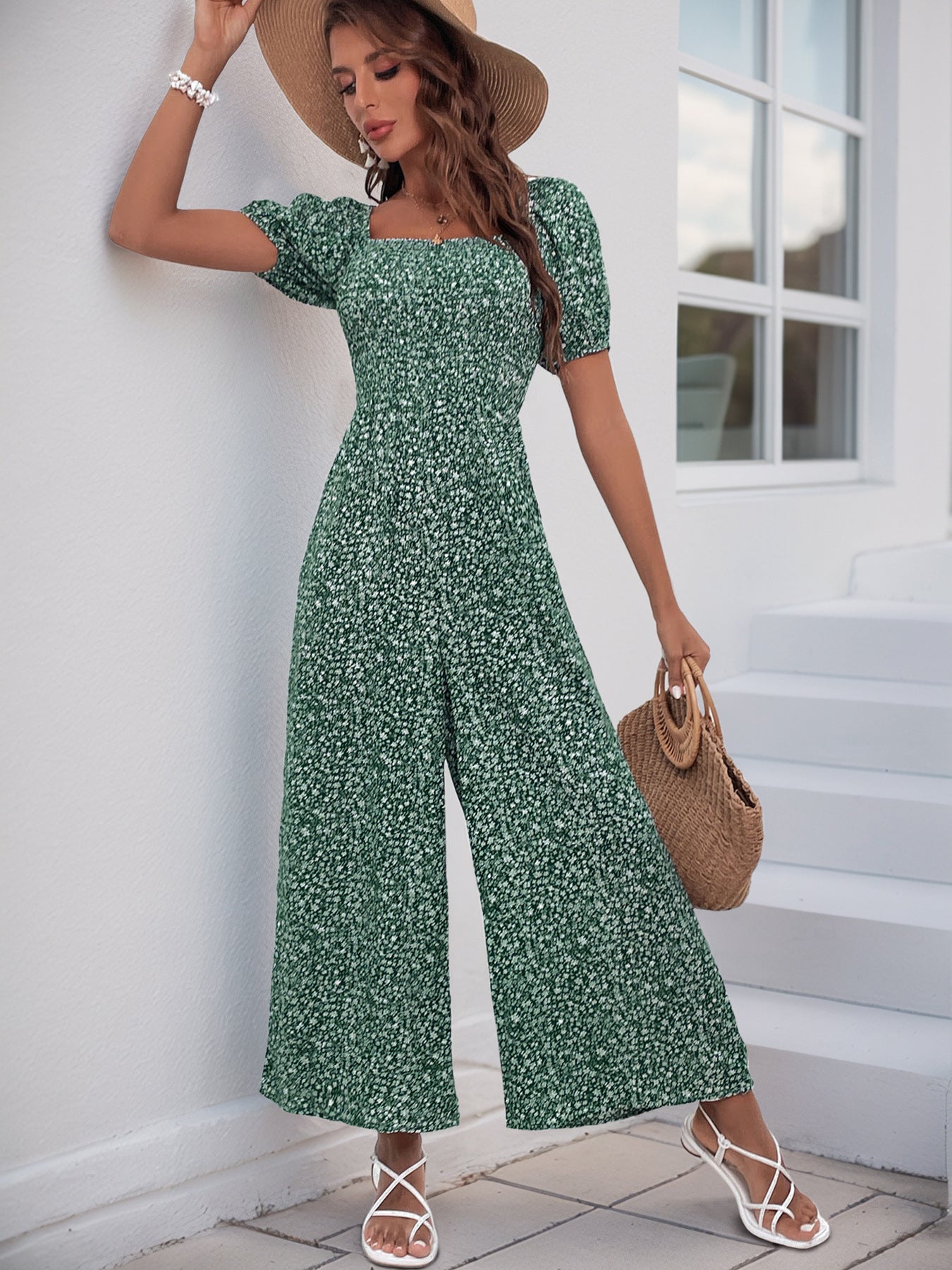 V Neck Wide Leg Polka Dot Jumpsuit