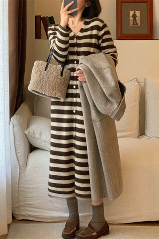 V-neck striped knitted cardigan long dress