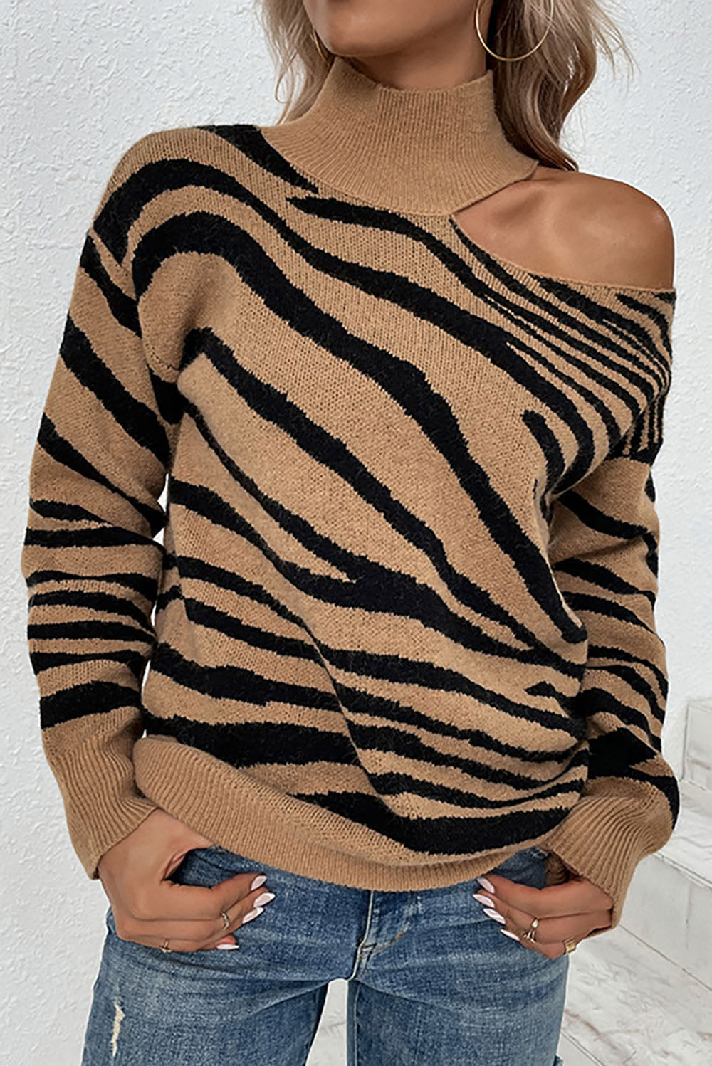 Tiger Print Turtleneck Drop-Shoulder Contrast Knit Sweater