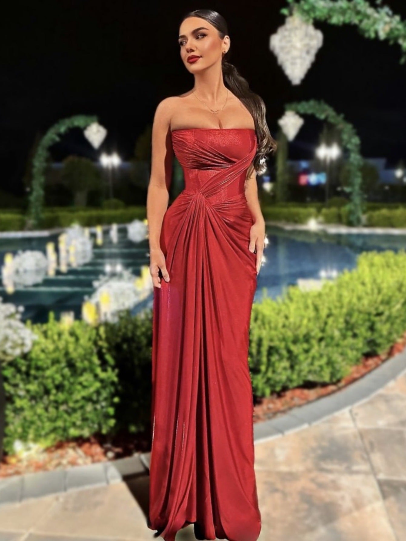A Spliced Coated Strapless Evening Dress